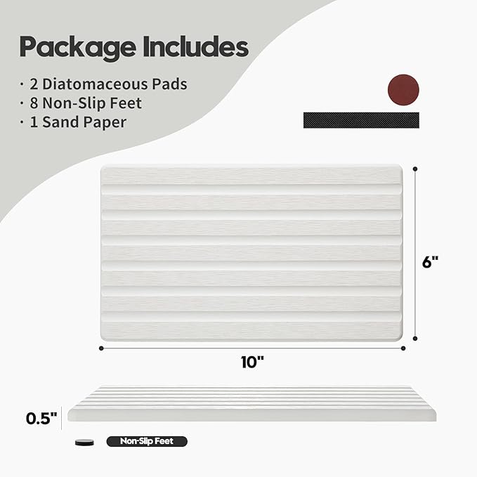 2PCS Water Absorbing Stone Drying Tray Mat for Bathroom Sink & Kitchen Counter Organizer, Quick Dry Dish Soap Dispenser Sponge Holder, Vanity Sink Caddy, Drink Bar Coaster, White - 10"*6"