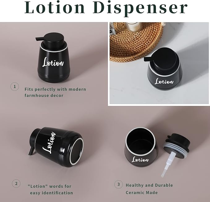 LEETOYI Bathroom Countertop Dispensers Modern Ceramic Soap Lotion Dispenser Bottles, Hand Soap Dispenser for Bathroom, Dish Soap Dispenser for Kitchen, Easy to Press Pump (Black, Labeled Lotion)