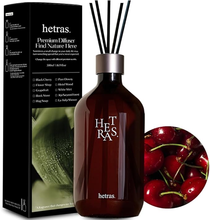 hetras Premium Reed Diffuser Set 16.9 fl.oz. 1 Pack | Black Cherry Scent | Long-Lasting Luxury Fragrance with 10 Reed Sticks for Home & Office | Gifts for Loved One