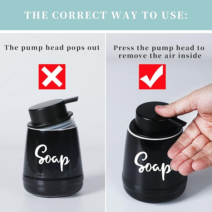 LEETOYI Bathroom Countertop Dispensers Modern Ceramic Soap Lotion Dispenser Bottles, Hand Soap Dispenser for Bathroom, Dish Soap Dispenser for Kitchen, Easy to Press Pump (Black, Labeled Soap)