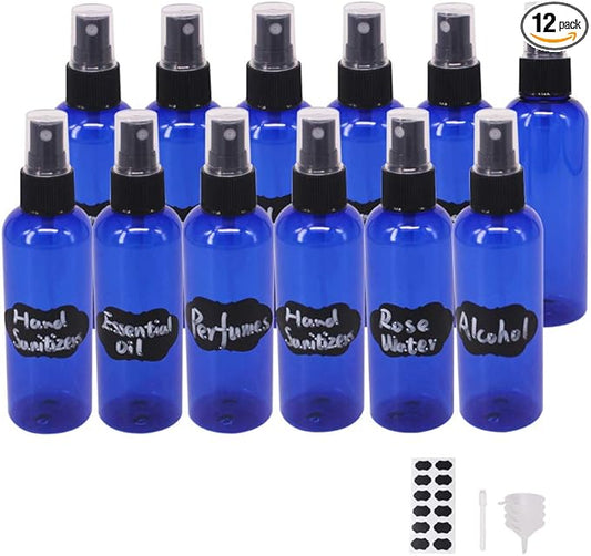 12 Pack 3.3 oz Blue Plastic Spray Bottles For Essential Oils, Perfumes, Cosmetics, Alcohol, Fine Mist Spray Bottle, Cosmetic Spray Bottle, Refillable Liquid Conainters