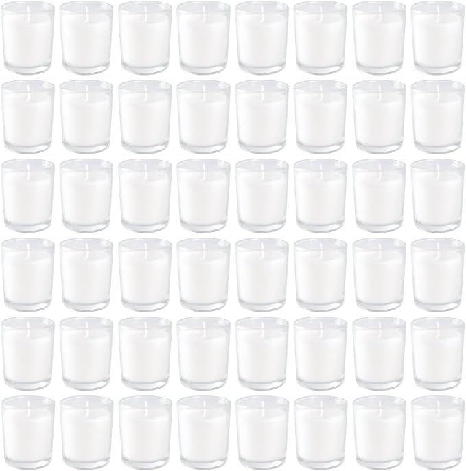 48 Pack White Unscented Clear Glass Filled Votive Candles. Hand Poured Wax Candle Ideal Gifts for Home Décor Parties Weddings Holidays and Meditation (White)