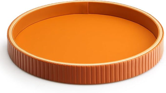SANZIE Leather Tray Desktop Storage Organizer - Premium Serving & Decorative Tray for Sundries, Cosmetics, Phone, Wallet & Cutlery - Circle, Orange