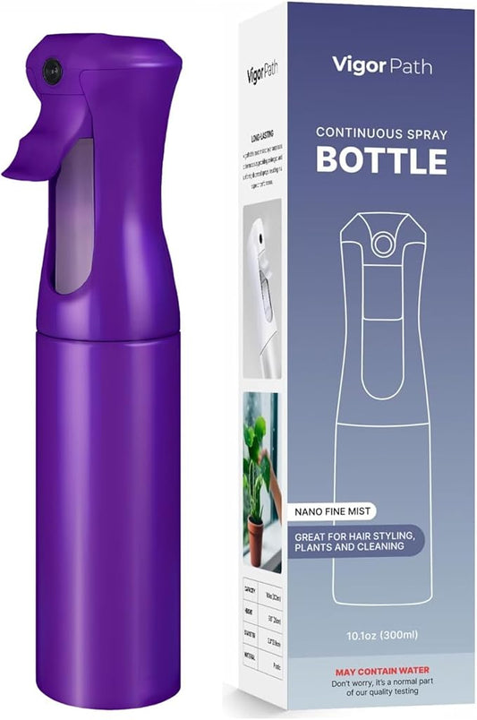 VIGOR PATH Continuous Spray Bottle for Hair – Fine Mist Mister for Hairstyling, Cleaning, Plants, Pets, Barbers, Salons, and Essential Oil Applications (300ml/10.1 oz) Dark Purple