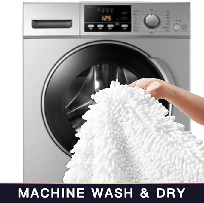 Walensee Bathroom Rug Non Slip Bath Mat (44x24 Inch White) Water Absorbent Super Soft Shaggy Chenille Machine Washable Dry Extra Thick Perfect Absorbant Best Large Plush Carpet for Shower Floor