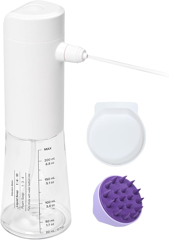 Airversa Electric Foaming Shampoo Dispenser with Hair Scalp Massager Brush 1100mAh IPX8 Shampoo Foamer for Woman Men Baby Kid Dog Cat ES1-White Kit