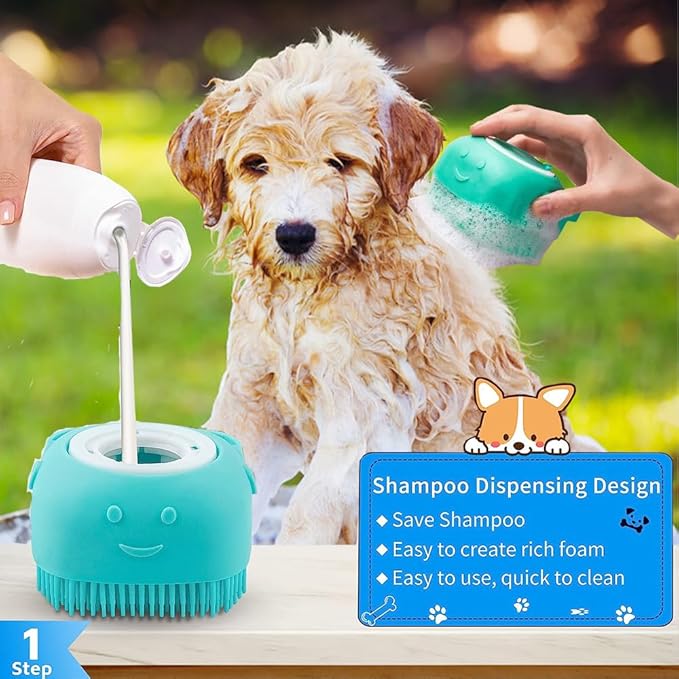 3PCS Dog Bath Brush, Dog Shampoo Brush Dog Scrubber for Bath, No Slipping Pet Shower Grooming Massaging Washing Brush with Adjustable Ring Handle for Short & Long Haired Dogs/Cats (Blue)