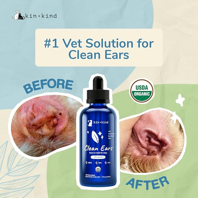 kin+kind Dog Ear Cleaner Solution – Organic Dog Ear Wash & Easy-to-Use Ear Drops for Dogs – Cleans Wax, Dirt & Odor – Gentle Ear Cleaning w/Witch Hazel, Aloe Vera & Tea Tree Oil – 12 fl oz