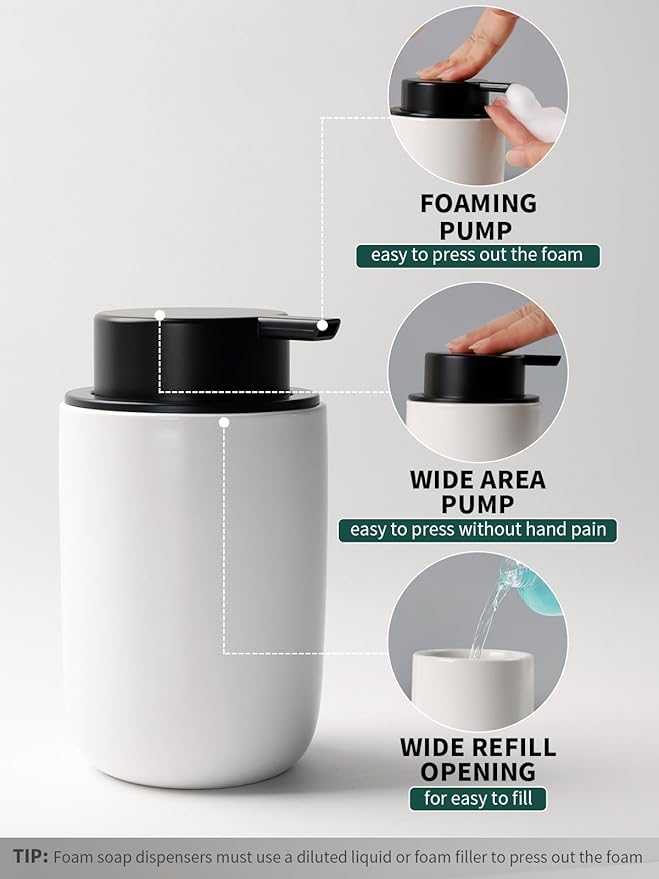 Bosilunlife Soap Dispenser and Toothbrush Holder Set - 11Oz Foam Soap Dispenser Pump Ceramic Bathroom Counter Soap Toothbrush Holder Set White Bathroom Accessories Set