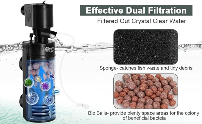hygger Quiet Fish Tank Filter with Bio Balls Sponge Air Hose, Aquarium in-Tank Filter for 10-40 Gallon 7W 100 GPH