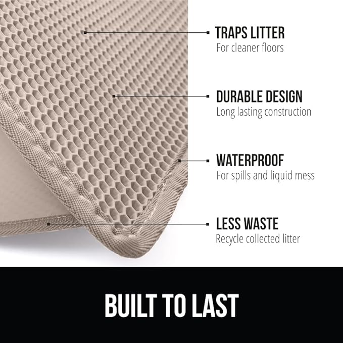 GORILLA GRIP Honeycomb Cat Litter Box Mat, 35x24 Two Layer Trapping Waste Mats, Soft On Paws, Litter Box Supplies and Essentials for Indoor Cats, Traps Excess, Water Resistant for Floors, Beige