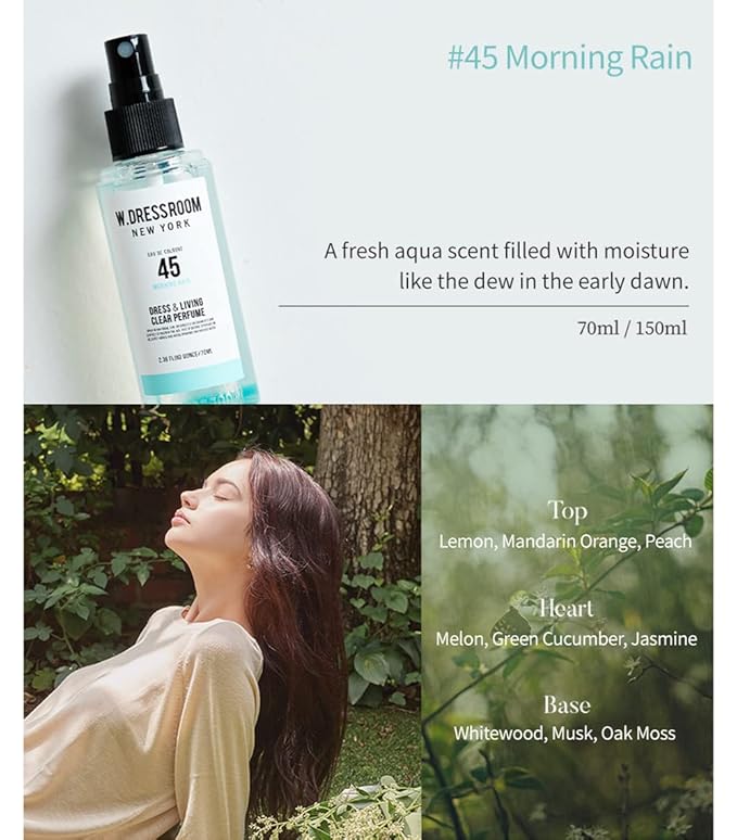 W.Dressroom No.45 Morning Rain Living Clear Perfume, Body Mist & Fabric Spray Deodorizer, Alcohol-Free Water-Based, Odor Neutralizer for Clothes, Bedding & Room, Travel Size 2.36 oz