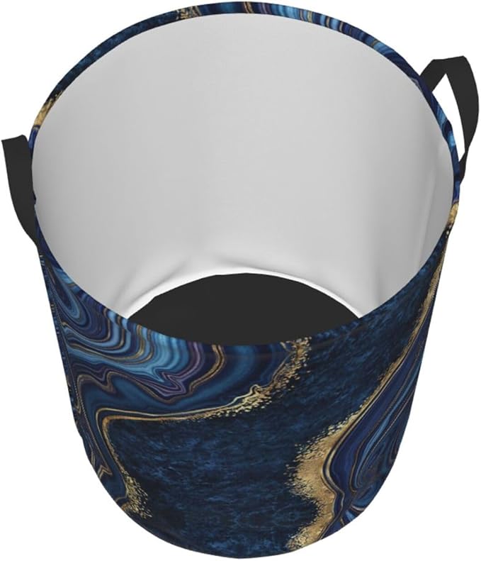 Blue Marble Print Laundry Hamper Bag With Waterproof Liner - Round Laundry Basket Foldable Clothes Storage Organizer For Bathroom Bedroom Nursery Dorm, S-16.5"X 13.8"