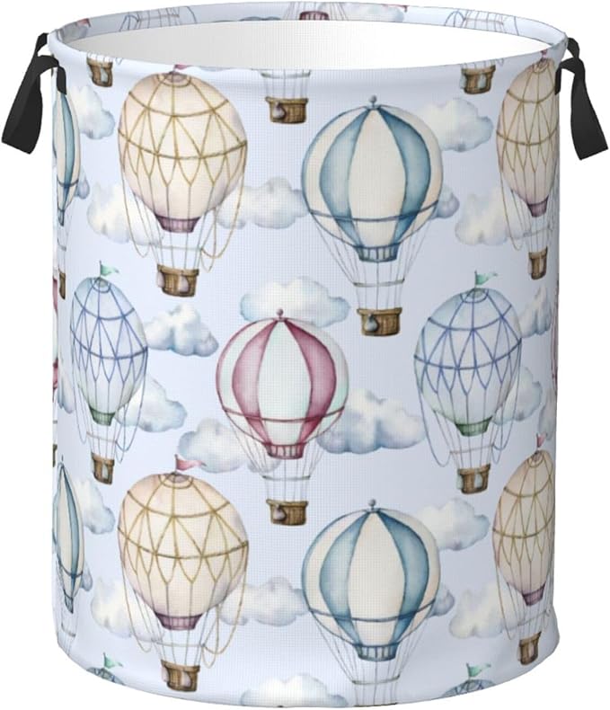 Watercolor Hot Air Balloons And Clouds Laundry Hamper Bag With Waterproof Liner - Round Laundry Basket Foldable Clothes Storage Organizer For Bathroom Bedroom Nursery Dorm, M-19.6"X 15.7"