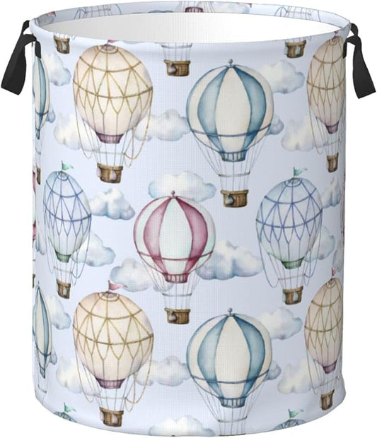 Watercolor Hot Air Balloons And Clouds Laundry Hamper Bag With Waterproof Liner - Round Laundry Basket Foldable Clothes Storage Organizer For Bathroom Bedroom Nursery Dorm, M-19.6"X 15.7"