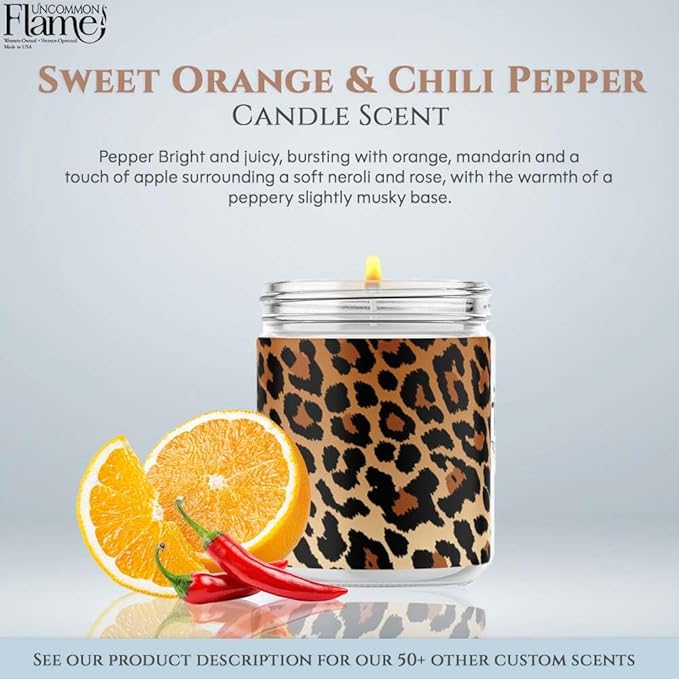 100% Handmade Non-toxic Soy Wax Candle, Fruity Musky Scent, 120hr Burn, Soot Free, Cotton Wick, 16 oz - Fun Animal Print, Cheetah Design (Leopard Print, Sweet Orange & Chili Pepper)