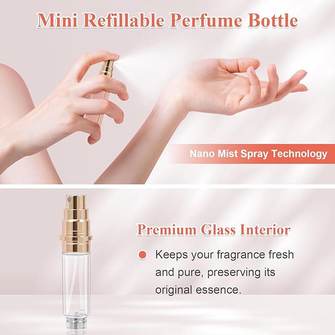 Refillable Travel Perfume Bottle – Fine Mist Atomizer, Bottom Fill, Genuine Leather Shell, TSA Approved, For Daily Refresh & Travel (Black, 10ml)