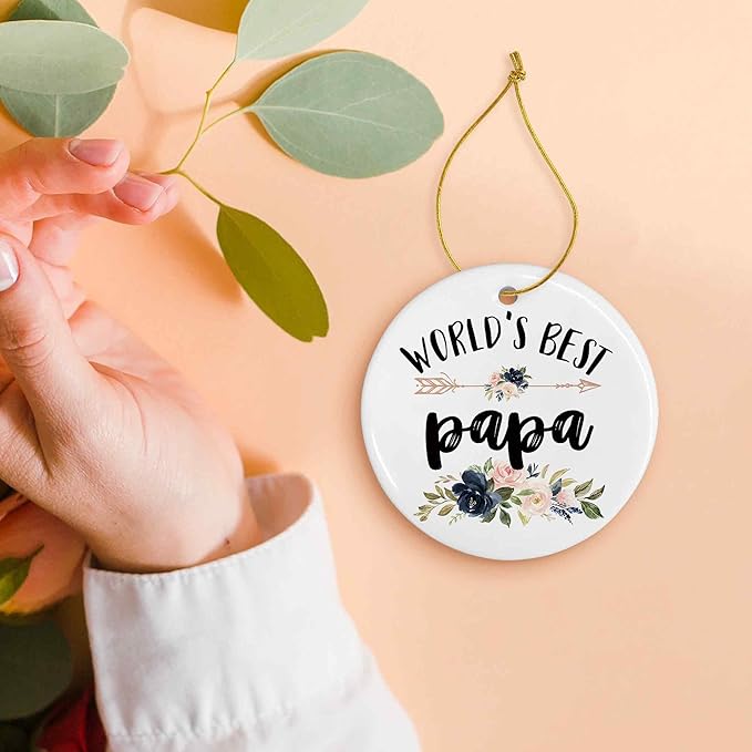 World's Best Papa Ceramic Ornaments Gifts, Dad Father Daddy Round Hanging Ornament Decor Decorations for Christmas Tree Car, Thank You Appreciation Gifts for Papa Birthday Holiday Father's Day