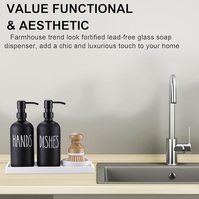 Glass Soap Dispenser for Kitchen,Farmhouse Dish &Hand Soap Dispenser Set, Rustproof Pump with Tray and Dish Brush,Kitchen Decor（Black）