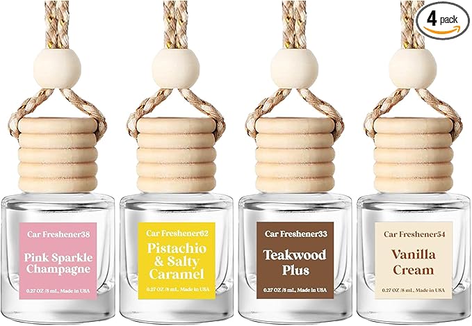 HoogaLife Car Air Freshener Diffuser 4 Pack Hanging Air Freshener - Vanilla Cream Car Air Fresheners for Women, Mahogany Teakwood ＆ Pink Sparkle Champagne ＆ Pistachio Salty Caramel Fragrance Oil