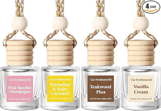 HoogaLife Car Air Freshener Diffuser 4 Pack Hanging Air Freshener - Vanilla Cream Car Air Fresheners for Women, Mahogany Teakwood ＆ Pink Sparkle Champagne ＆ Pistachio Salty Caramel Fragrance Oil