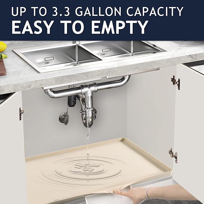 Heavy Duty Silicone Under Sink Mats for Kitchen Waterproof 34" x 19", Extra Thick Under Sink Rubber Mat Drip Tray, Raised Edge Under Sink Liner,Prevent Drips, Leaks, Spills,Taupe