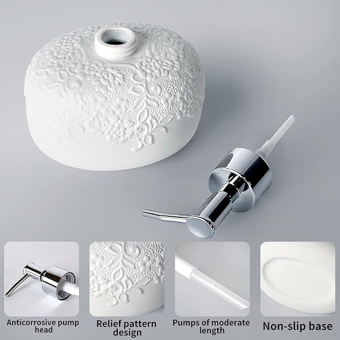 White Soap Dispenser, Ceramic Countertop Lotion Dispenser 14oz with Embossed Design, Bathroom Refillable Lotion Bottle for Shower Soaps Shampoo Kitchen Organization, ANTIS'S HOME