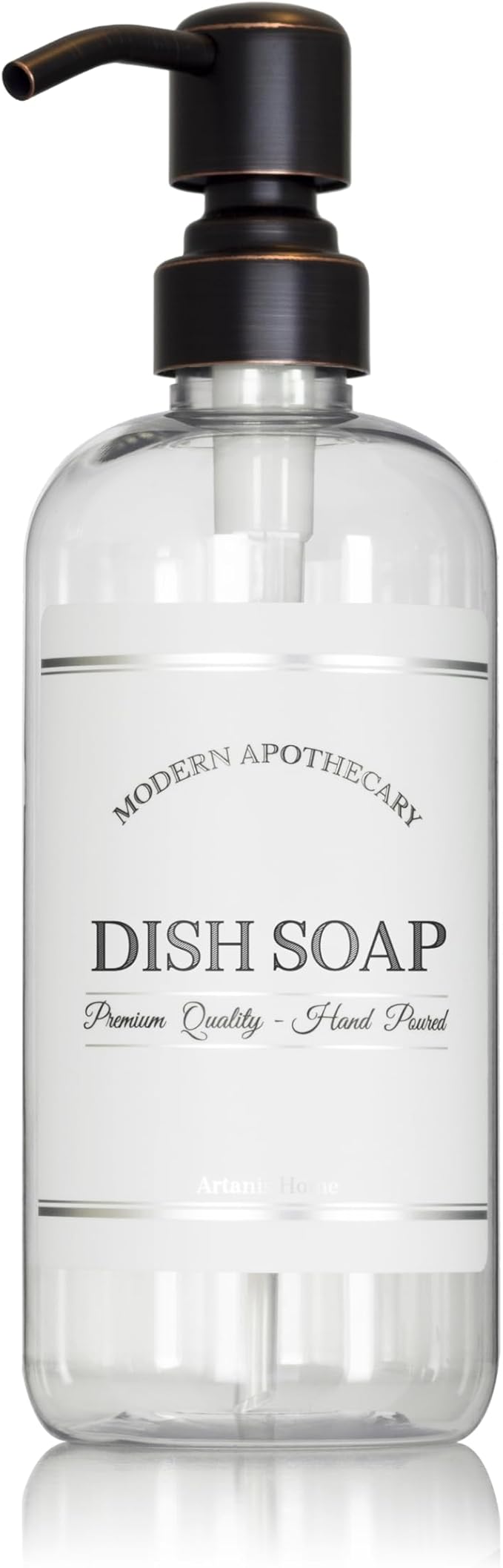 Refillable Clear PET Plastic 16 oz Dish Soap Bottle with Oil Rubbed Bronze Pump Dispenser - Chrome Accent Waterproof Labeled Bottle