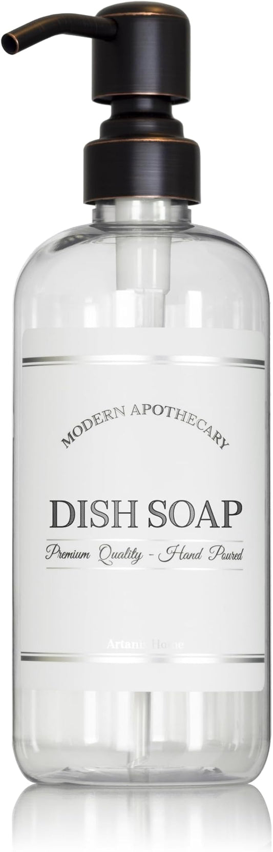 Refillable Clear PET Plastic 16 oz Dish Soap Bottle with Oil Rubbed Bronze Pump Dispenser - Chrome Accent Waterproof Labeled Bottle