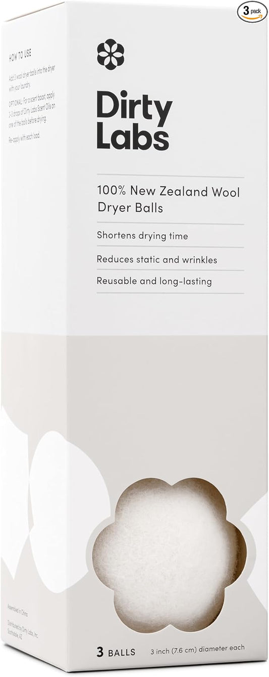 Dirty Labs | 100% New Zealand Wool Dryer Balls | 3 Balls | Shorten Drying Time | Reduce Static & Wrinkles | Dryer Sheet & Fabric Softener Alternative