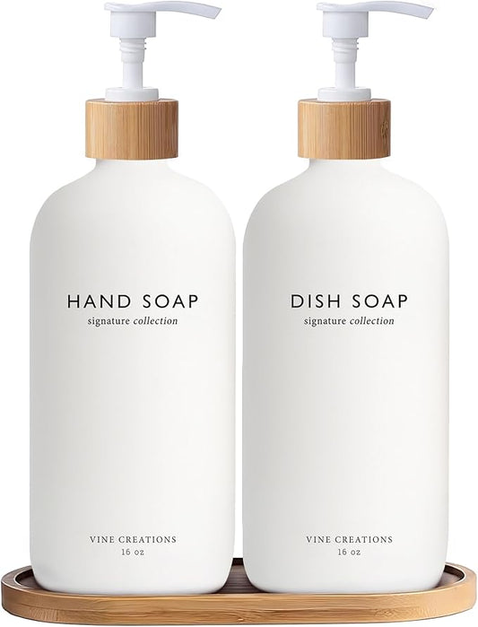 Vine Creations White Glass Soap Dispenser Set, Hand Soap and Dish Soap Dispenser Set with Bamboo Tray, 16 oz Glass Dispensers Bottle for Kitchen and Bathroom Decor Modern Boho with Bamboo Pump (White)