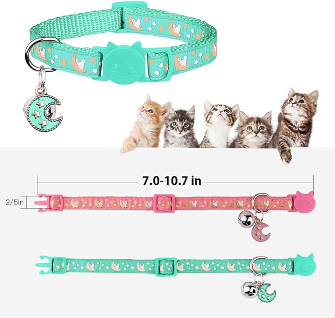2Pcs Breakaway Cats Collars Cat Collars for Boy & Girl Cats Adjustable Kitten Collars with Bell,Pink+Teal