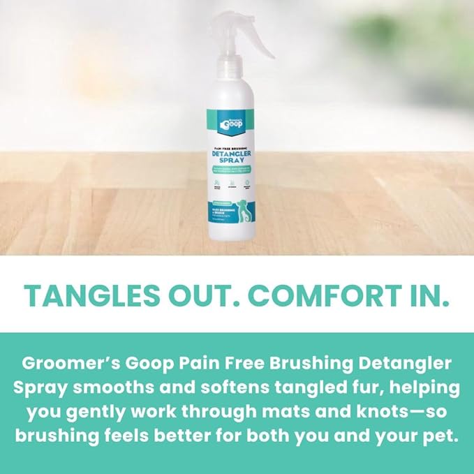 Groomer’s Goop Pain Free Brushing Detangler Spray – Tangle-Reducing Leave-in Formula Softens & Smooths Dog & Cat Coats, Gently Removes Dirt & Loose Fur, Reduces Shedding, Dye-Free – 8 oz Bottle