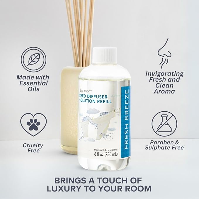 SpaRoom Reed Diffuser Oil Refill – Fresh Breeze Scent, 8oz Air Purifying Aroma for a Light and Open Feel, Ideal for Living Rooms or Hallways, Subtle Everyday Freshness for Whole Home Balance