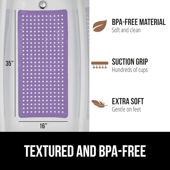GORILLA GRIP Patented Bath Tub Shower Mat, Machine Washable Bathtub Floor Liner Mats, Suction Cups and Drain Holes to Keep Tubs Clean, Soft on Feet, Bathroom Essentials, 35x16 Inch, Purple Opaque