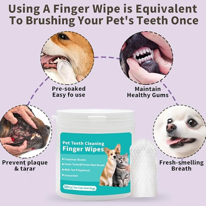Pet Teeth Cleaning Finger Wipes, Dog Cat Dental Wipes, Unscented, with Tea Polyphenol,No-Rinse Dog Finger Toothbrush, Clean Tartar & Prevent Bad Breath, 50pcs