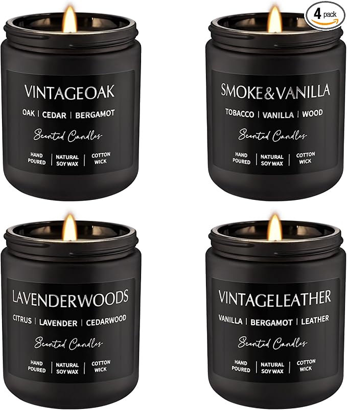 4Psc Scented Candles Set,7oz Gifts for Men Aromatherapy,Soy Candle of Smokeless - Leather & Smoke, Vanilla Oakmoss, Lavender - Relaxing Fragrance for Home, Office, Yoga(Black)