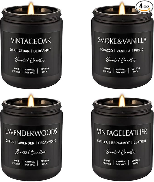 4Psc Scented Candles Set,7oz Gifts for Men Aromatherapy,Soy Candle of Smokeless - Leather & Smoke, Vanilla Oakmoss, Lavender - Relaxing Fragrance for Home, Office, Yoga(Black)