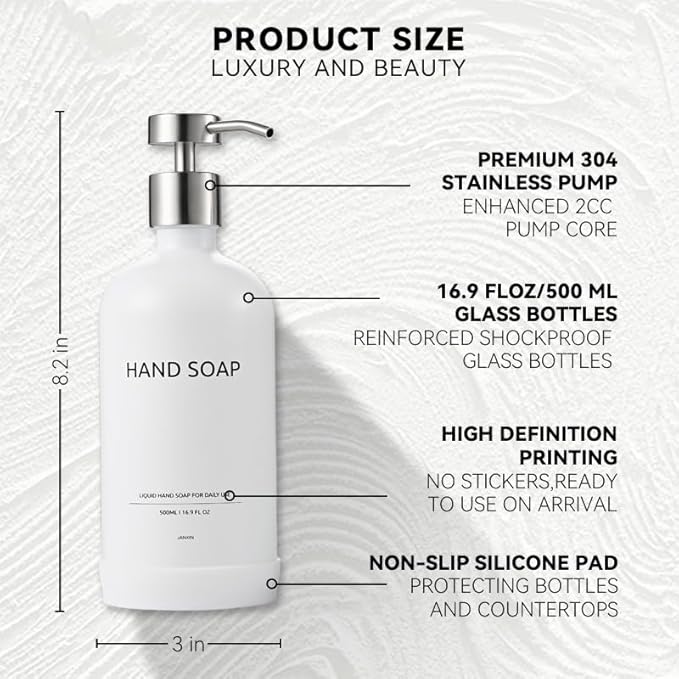 Kitchen Soap Dispenser Set with Non-Slip Protective Silicone Pad,Hand Soap Dispenser for Kitchen and Bathroom Decor, White and Silver Kitchen Accessories (White Bottles + Silver Pumps)