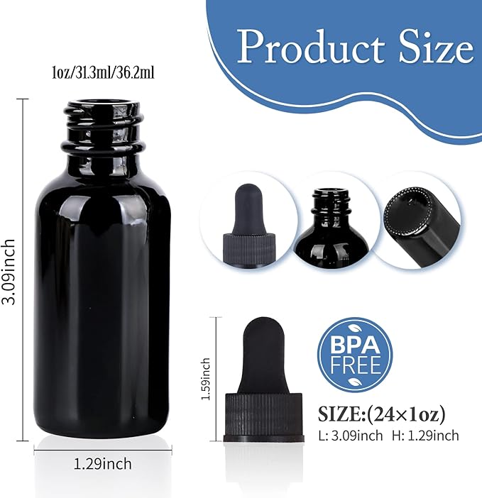 1 oz UV Resistant Dropper Bottle 24 Pack Black Glass Boston Bottles 30ml with Eye Droppers Black Caps for Essential Oils, Perfume, Leak Proof Travel Bottles for Liquids