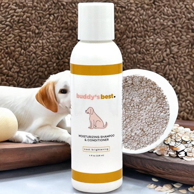 Buddy’s Best 4oz Travel-Size Dog Shampoo and Conditioner with Shea Butter, Oatmeal, Biotin, and Aloe Vera, Alcohol-Free Deep Moisturizer for Dry, Itchy Skin and Coats (Coat Brightening)