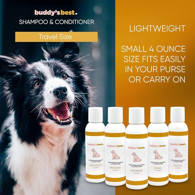 Buddy’s Best 4oz Travel-Size Dog Shampoo and Conditioner with Shea Butter, Oatmeal, Biotin, and Aloe Vera, Alcohol-Free Deep Moisturizer for Dry, Itchy Skin and Coats (Citrus Fresh)
