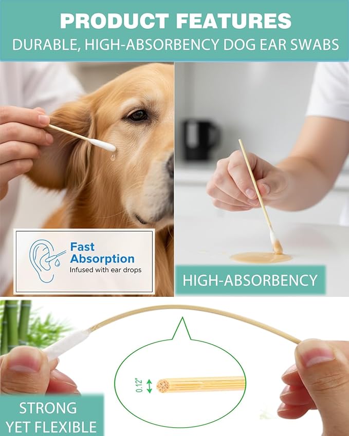 Dog Ear Swabs, 200 Count – 4.72 Inch Cotton Tips for Dogs Ears, Large Bamboo Cotton Swabs with Lint-Free Absorbent Heads for Pet Ear Cleaning, Works with Dog Ear Cleaner, Clear Storage Box