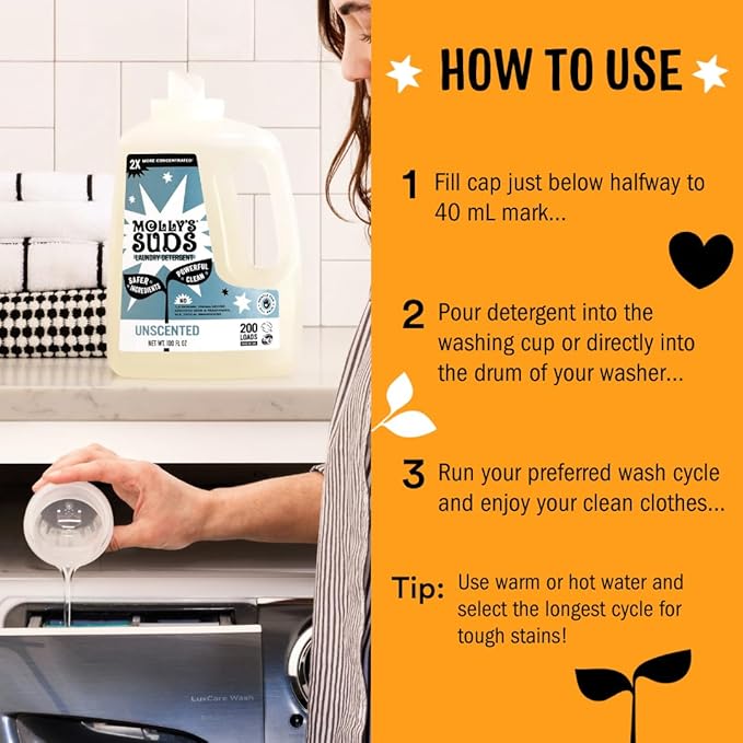 Molly's Suds Liquid Laundry Detergent | Clean Laundry Detergent Soap for Sensitive Skin | 2x Concentrated, High Efficiency (HE) (Citrus Grove - 200 Loads)