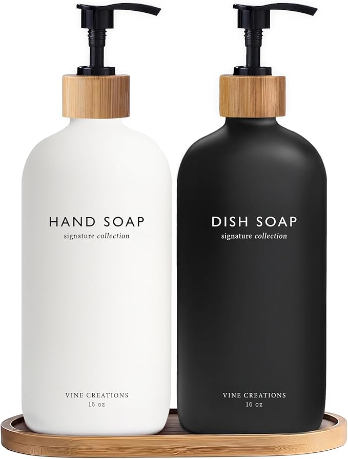 Vine Creations Glass Soap Dispenser Set, Hand Soap and Dish Soap Dispenser Set with Bamboo Tray, 16 oz Glass Dispensers Bottle for Kitchen and Bathroom Decor Modern Boho with Bamboo Pump (Black/White)