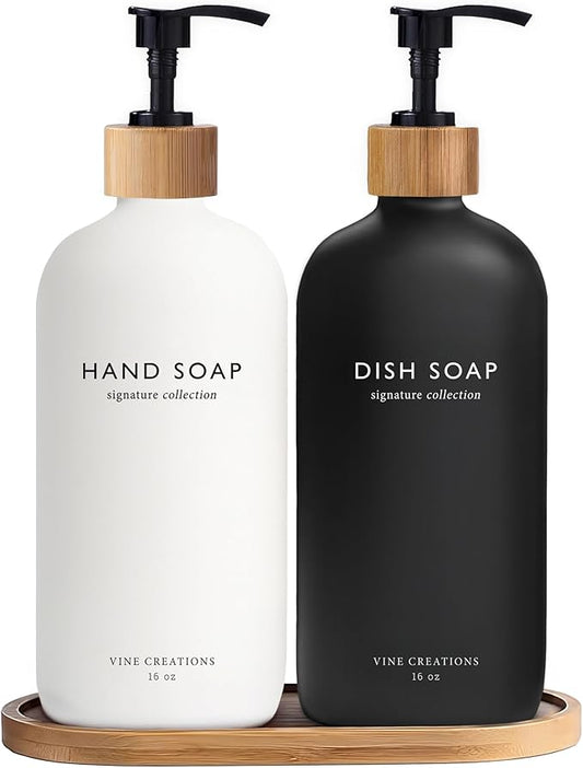 Vine Creations Glass Soap Dispenser Set, Hand Soap and Dish Soap Dispenser Set with Bamboo Tray, 16 oz Glass Dispensers Bottle for Kitchen and Bathroom Decor Modern Boho with Bamboo Pump (Black/White)
