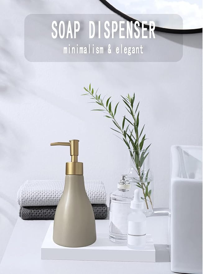 280ml Liquid Soap Dispenser for Bathroom with Gold Pump，Dish Soap Dispenser for Kitchen，Refillable Countertop Lotion Ceramics Khaki Hand Soap Dispenser for Shower