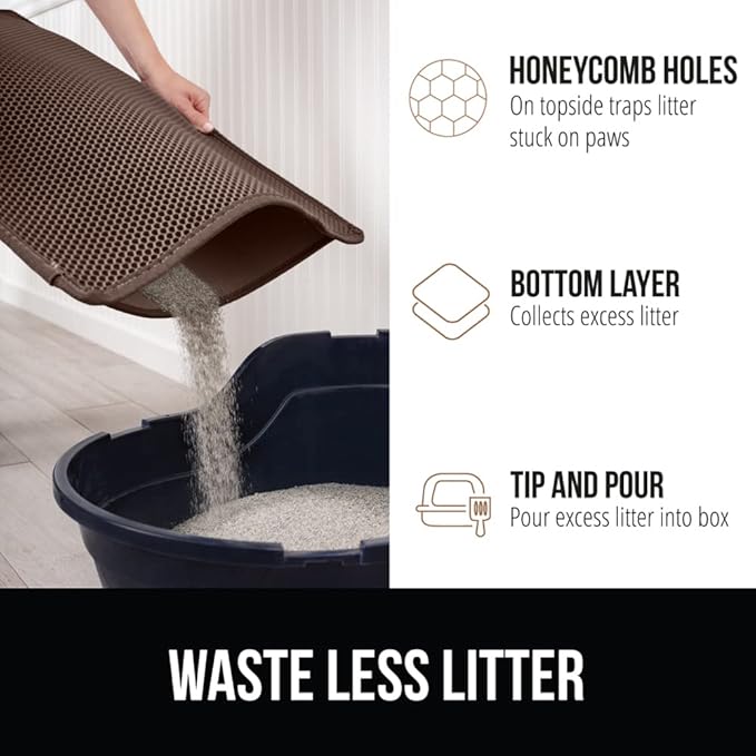 GORILLA GRIP Honeycomb Cat Litter Box Mat, Two Layer Trapping Waste Mats, Soft On Paws, Litter Box Supplies and Essentials for Indoor Cats, Traps Excess, Water Resistant for Floors, 30x24 Brown