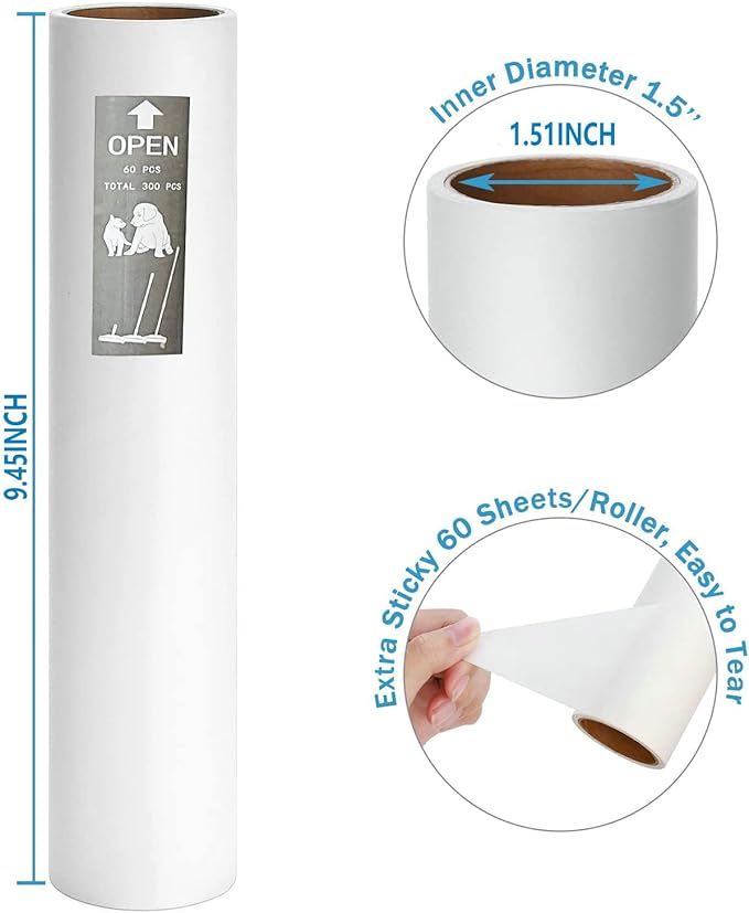5 Pack 9.45 Inch Wide Large Lint Roller Refills (1.51In Inner Diamerter), Supersize Extra Sticky Roller Refills for Pet Hair Removing(300 Sheets)