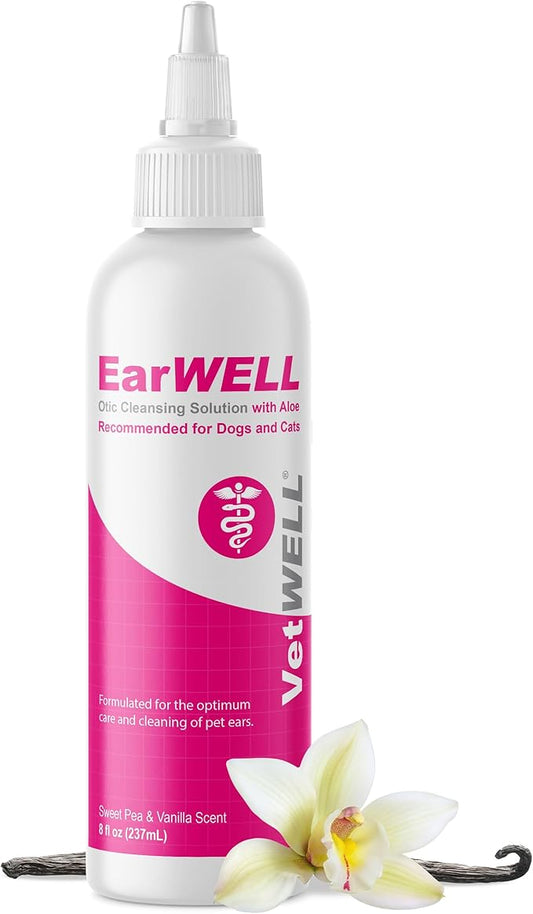 VetWELL Ear Cleaner for Dogs and Cats - Otic Rinse for Infections and Controlling Ear Infections and Odor in Pets - 8 oz (Sweet Pea Vanilla)